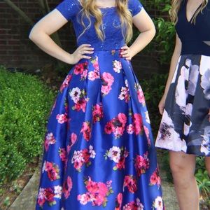 Royal Blue Floral Prom Dress with Pockets